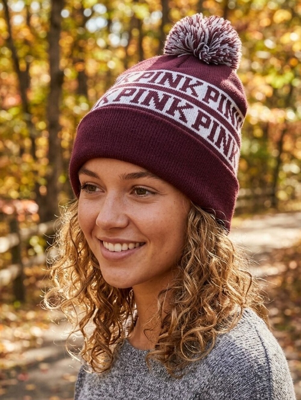 NWT PINK Victoria's Secret Logo Pom Beanie Burgundy